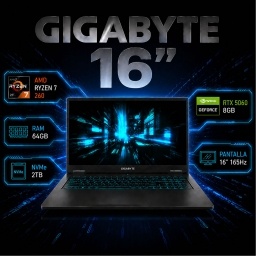 Notebook Gamer GIGABYTE A16 3VH K3LAC93MH AMD Ryzen 7 260 - RTX 5060 8Gb - 64Gb - 2Tb - Pantalla 16 FHD+ 165Hz