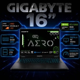 Notebook Gamer GIGABYTE AERO X16 1VH93LAC94AH AMD AI 7 350 - RTX 5060 8Gb - 64Gb - 2Tb - Pantalla 16 QHD+ 165Hz