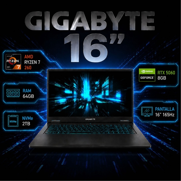 Notebook Gamer GIGABYTE A16 3VH K3LAC93MH AMD Ryzen 7 260 - RTX 5060 8Gb - 64Gb - 2Tb - Pantalla 16 FHD+ 165Hz