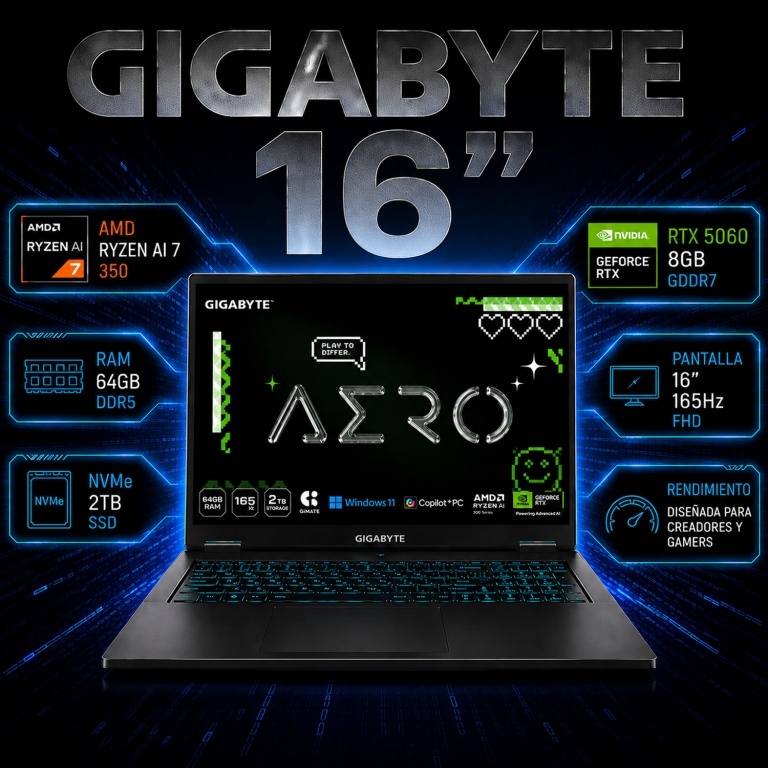Notebook Gamer GIGABYTE AERO X16 1VH93LAC94AH AMD AI 7 350 - RTX 5060 8Gb - 64Gb - 2Tb - Pantalla 16 QHD+ 165Hz